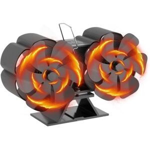 Ikodm - Double Wood Stove Fan, Double Head Fireplace Fan with Stove Thermometer for Wood Stove, Fireplace, Gas, Log, Pellet Stove (Black)