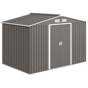 9 x 6ft Metal Garden Shed, Outdoor Storage Tool House with Ventilation Slots, Foundation Kit and Lockable Double Doors Grey - Outsunny