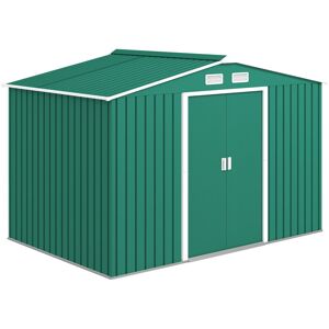 9 x 6ft Metal Garden Shed, Outdoor Storage Tool House with Ventilation Slots, Foundation Kit and Lockable Double Doors Green - Outsunny
