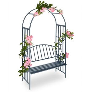 Relaxdays - Arbour with Bench, Robust Metal, 2-Seater Decorative Garden Chair, Trellis, HxWxD: 205 x 115 x 50 cm, Grey