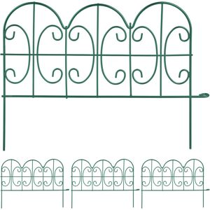 Metal Garden Fence, Set of 4 Elements with Decorations, HxW: 28 x 38.5 cm, Flower Bed Edge to Plug-in, Green - Relaxdays