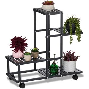 Relaxdays - Flower Stand on Wheels, HxWxD: 60.5 x 61.5 x 26 cm, Metal, 4 Tiered Shelves, Indoor Plant Pot Display, Black