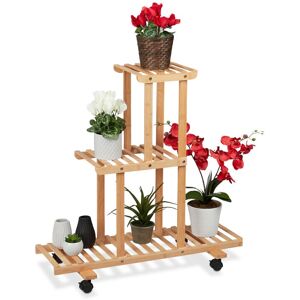 Relaxdays - Plant Stand, 3 Shelves, Wheels, Flower Rack, Indoor, h x w x d: 82 x 81 x 36 cm, Bamboo, Natural