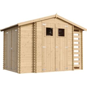 TIMBELA Wooden Garden Shed and Log shed, 19 mm planks -Outdoor garden shed with impregnated floor- Wooden Shed - H218 x 328 x 206 cm / 5.41 m2 , Bike