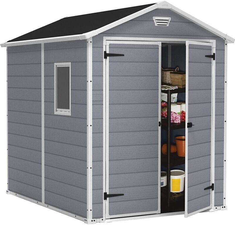 Keter Manor Grey Garden Shed 6 x 8 ft Apex Outdoor Storage Wood Effect Resin