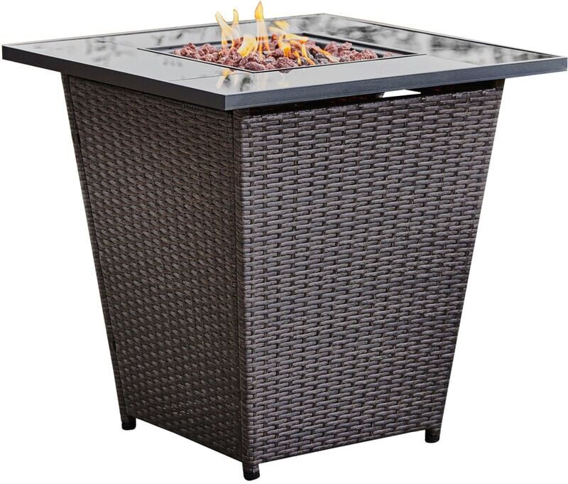 Teamson Home - Outdoor Gas Fire Pit Table, Smokeless Firepit, Garden Heater, Includes Lava Rocks & Cover - Rattan Base/Tempered Glass Top - 40,000