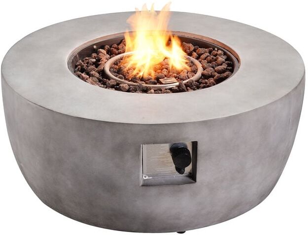 Teamson Home Outdoor Garden Concrete, Round, Propane Gas Fire Pit Table Burner, Smokeless Firepit, Patio Furniture Heater with Lava Rocks & Cover