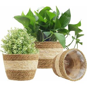 Denuotop - 3Pcs Seagrass Planter Basket, 3 Size Woven Plant Pot Cover Flower Pots Storage Basket Plant Containers for Home Decor (Beige)