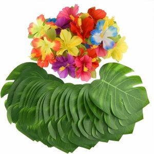 Hoopzi - 88pcs 20cm / 8 'Tropical Palm Leaves and Silk Hibiscus Flowers Party Decor, Artificial Monstera Plant Leaves Flowers Hawaiian Luau Party