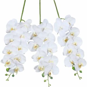 LANGRAY Artificial Orchid Stems Set of 3 PU Real Touch White Orchid 37 inch Tall 9 Big Blooms Fake Phalaenopsis Flower Home Wedding Decoration (3 PCS, White)