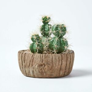 Homescapes - Echinocactus Artificial Cactus in Round Wooden Planter, 15 cm Tall - Green