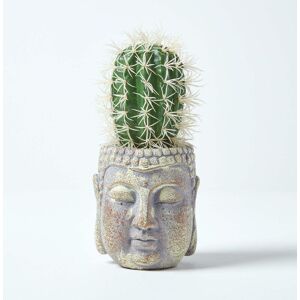 Homescapes - Echioncactus Artificial Cactus in Decorative Buddha Head Stone Pot, 24 cm Tall - Green