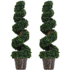 Outsunny - 2 Pack Artificial Boxwood Spiral Tree Decorative Plant w/ Nursery Pot - Green