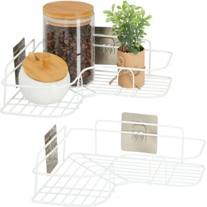 Relaxdays 2x Kitchen Corner Shelf, Adhesive Basket, Stick Up, Wall, Spice Rack, HxWxD: 5.5x26x26 cm, Iron, White