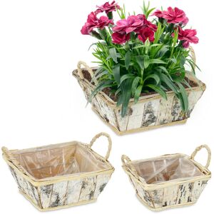 3x Square Flowerpots, Birch Bark, Flowers & Herbs, Plant Baskets with Foil, 3 Sizes, Wooden Planter, Natural - Relaxdays