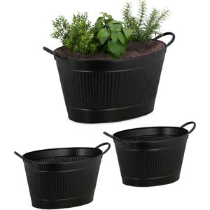 Relaxdays - Metal Tub Set Of 3, Oval Planters In Zinc look, Waterproof, Garden,Vintage, 12, 18 & 22 l, Black