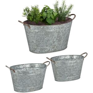 Relaxdays - Metal Tub Set Of 3, Oval Planters In Zinc look, Waterproof, Garden,Vintage, 12, 18 & 22 l, Zinc Look
