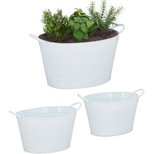 Relaxdays Metal Tub Set Of 3, Oval Planters In Zinc look, Waterproof, Garden,Vintage, 12, 18 & 22 L, White