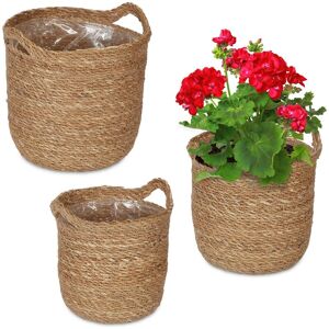 Set of 3 Flower Pot Seagrass in 3 Sizes, Round, for Plants & Herbs, Lined with Plastic Foil, Round, Natural - Relaxdays