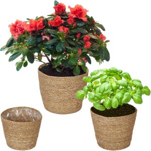 Set of 3 Flower Pot Seagrass in 3 Sizes, Round, for Plants & Herbs, Lined with Plastic Foil, Round, Natural - Relaxdays