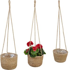 Relaxdays Set of 3 Flower Pot Seagrass in 3 Sizes, Round, for Plants & Herbs, Lined with Plastic Foil, Round, Natural