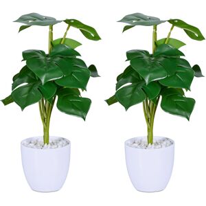 Relaxdays - Set of 2 Monstera Artificial Plants, Fake Flower in a Pot, Decorative, Office, h x ø: 33 x 20 cm, Green/White