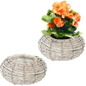 Set of 2 Plant Pots, Rattan, Flower Baskets with Foil, HxØ: 10x20 cm, Indoors Round Planters, White/Natural - Relaxdays