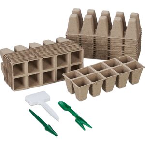 Set of 240 Growing Pots, Incl. Accessories, Biodegradable, Planting, Propagation, hwd: 5 x 3.5 x 3.5 cm, Brown - Relaxdays