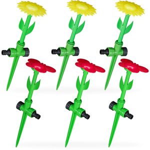 Relaxdays - Sprinkler Head, 6x Set, Water Irrigation, Garden, Lawn, HxW: 34x10cm, Ground Screw, Plastic Flower, Red/Yellow