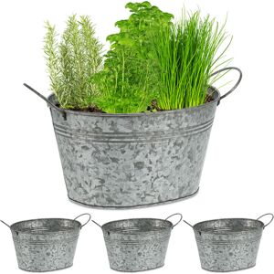 Relaxdays - 4x Zink Tubs, Decorafive Planters with Handles, Flowers, Herbs, Garden & Balcony, hwd: 15.5x29x17.5 cm, Silver