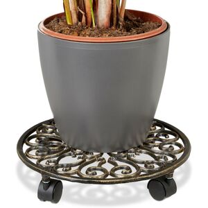 Relaxdays - Plant Caddy, Single, Cast Iron, Round, ø 33.5 cm, Art Nouveau Style, with 4 Wheels, Weather-Proof, Bronze