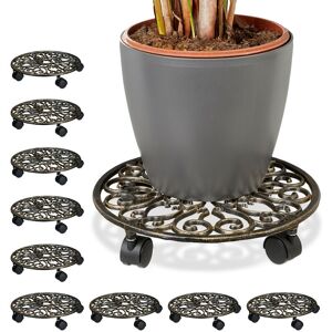 Relaxdays Plant Caddy, Set of 10, Cast Iron, Round, Ø 33.5 cm, Art Nouveau Style, with 4 Wheels, Weather-Proof, Bronze