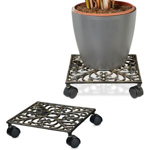 Relaxdays Plant Caddy, Set of 2, Cast Iron, Square, 27.5 x 27.5 cm, Art Nouveau, 4 Wheels, Weatherproof, Bronze