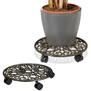 Relaxdays - Plant Caddy, Set of 2, Cast Iron, Round, ø 33.5 cm, Art Nouveau Style, with 4 Wheels, Weather-Proof, Bronze