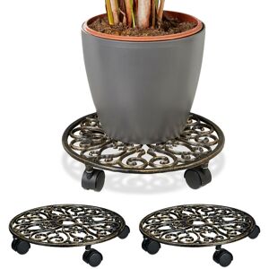 Relaxdays - Plant Caddy, Set of 3, Cast Iron, Round, ø 33.5 cm, Art Nouveau Style, with 4 Wheels, Weather-Proof, Bronze