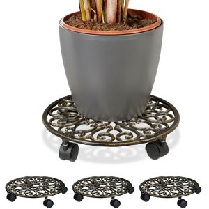 Relaxdays - Plant Caddy, Set of 4, Cast Iron, Round, ø 33.5 cm, Art Nouveau Style, with 4 Wheels, Weather-Proof, Bronze