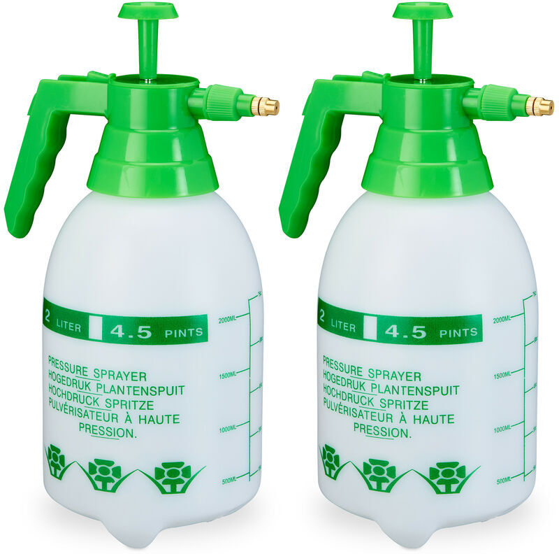 Set of 2 Pressure Sprayers, 2 Litres, Adjustable Brass Nozzle, Water & Pesticides, Pump Spray Bottle, Green - Relaxdays