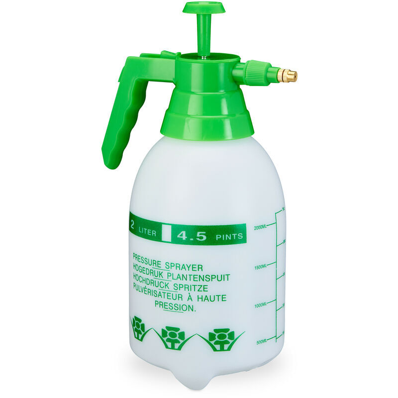 Pressure Sprayer, 2 Litres, Adjustable Brass Nozzle, Water & Pesticides, Cleaning, Pump Spray Bottle, Green - Relaxdays