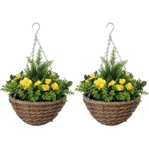 Outsunny - 2 PCs Artificial Lisianthus Flower Hanging Planter Basket Yellow