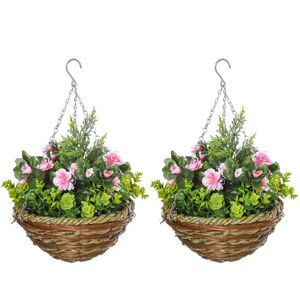 Outsunny - 2 PCs Artificial Lisianthus Flower Hanging Planter Basket Pink