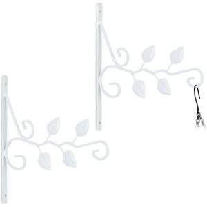 Relaxdays - Hanging Basket Brackets, Set of 2, Leaves Design, Wall-Mounted, 30 x 29.5 x 2 cm, Plant Hanger, Iron, White