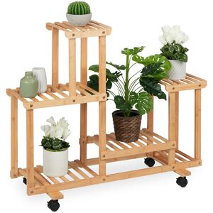 Relaxdays - Plant Stand, 6 Shelves, Wheels, Flower Rack, Indoor, h x w x d: 79 x 95 x 36 cm, Bamboo, Natural