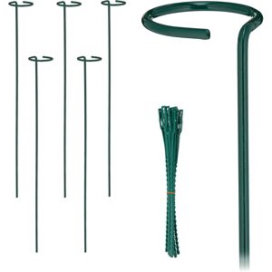 Relaxdays Plant Supports, Set of 6, Metal Climbing Rods with Ring, Garden Stakes with Ties, 60 cm Long, Dark Green