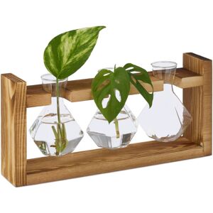 Plant Propagation Station, Geometric Glass Vases with Stand, Cuttings, Hydroponic, 13x28x6.5 cm, Clear/Brown - Relaxdays