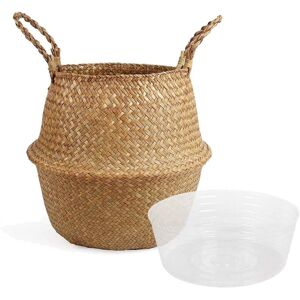 Tlily - Woven Seagrass Belly Basket with Handles for Storage Plant Pot ,Toy, Laundry, Picnic Plastic Tray (m)