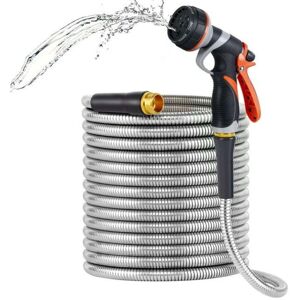 Tonchean - 25FT Stainless Steel Garden Hose with Durable Construction, Adjustable Nozzle, Kink Resistance and Convenient Storage Strap Tonchean - 25FT Stainless Steel Garden Hose with Durable Construction, Adjustable Nozzle, Kink Resistance and Convenient Storage Strap
