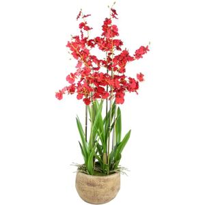 Leaf - 90cm Oncidium Artificial Orchid Red in Stoneware Planter Leaf - 90cm Oncidium Artificial Orchid Red in Stoneware Planter
