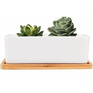 DEWDAT Rectangular Ceramic Flower Pots Set of 1 White Ceramic Succulent Plant Pots with Bamboo Tray, with Drain Hole, for Home or Office Decoration DEWDAT Rectangular Ceramic Flower Pots Set of 1 White Ceramic Succulent Plant Pots with Bamboo Tray, with Drain Hole, for Home or Office Decoration