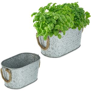 Relaxdays - 2x Zink Planters in 2 Sizes, Oval Flower Tubs with Jute Handles, for Plants & Herbs, Garden & Balcony, Silver Relaxdays - 2x Zink Planters in 2 Sizes, Oval Flower Tubs with Jute Handles, for Plants & Herbs, Garden & Balcony, Silver