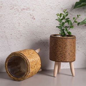 Tlily - Vintage Imitation Rattan Woven Flower Shelf Handmade Storage Basket with Wooden Legs Plant Pot Stand Holder,C Tlily - Vintage Imitation Rattan Woven Flower Shelf Handmade Storage Basket with Wooden Legs Plant Pot Stand Holder,C